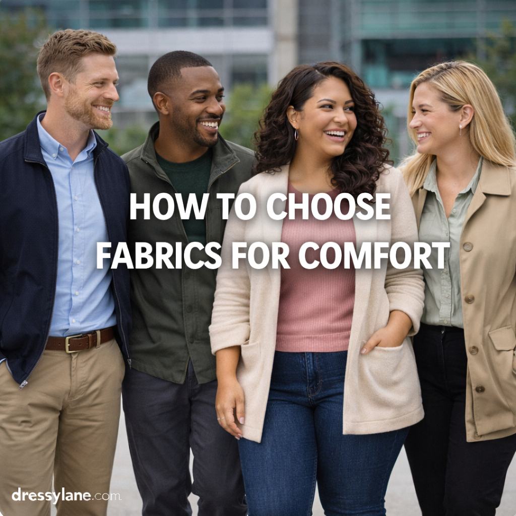 Diverse group of men and women wearing comfortable, fabric-focused outfits, highlighting breathable and soft materials for everyday comfort.