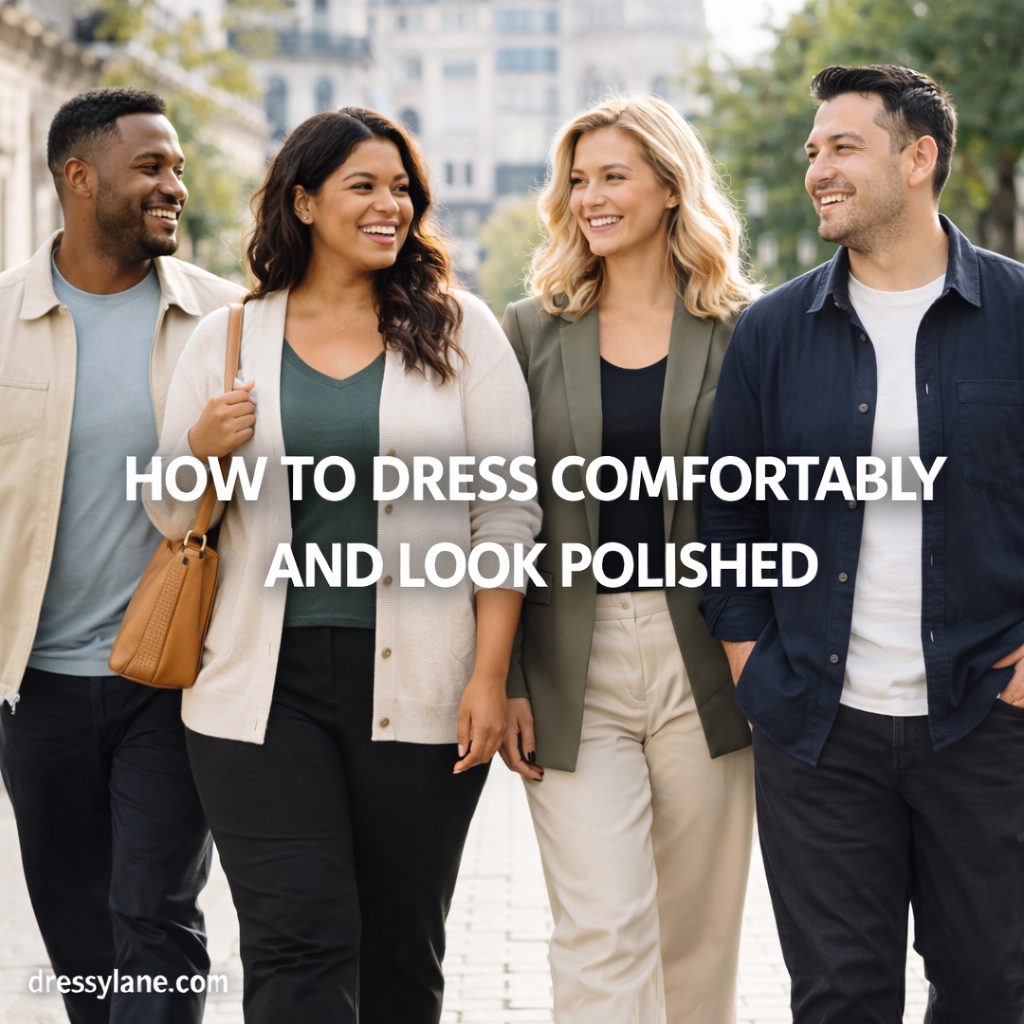 Diverse group of men and women wearing comfortable yet polished outfits in an urban setting.