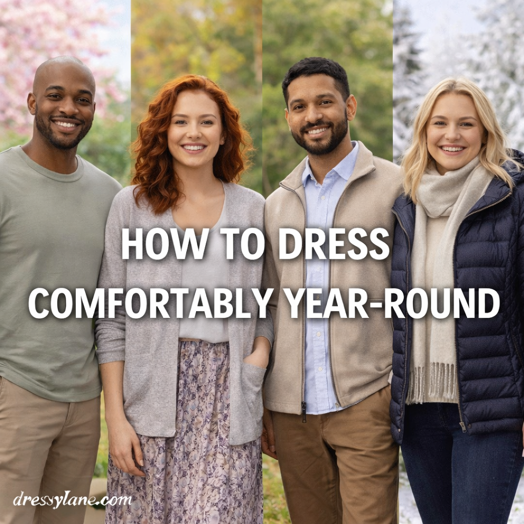 Diverse group of men and women wearing comfortable, season-appropriate outfits that show how to dress comfortably throughout the year.