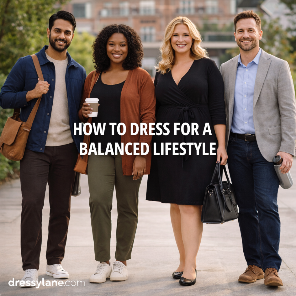 Diverse group of men and women wearing comfortable, stylish everyday outfits that reflect a balanced lifestyle.