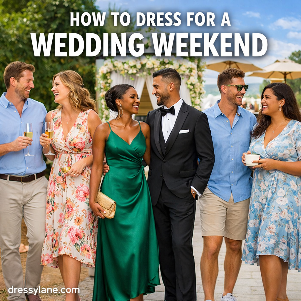 Stylish men and women dressed for different wedding weekend events, showing polished outfits suitable for ceremonies, receptions, and casual gatherings.