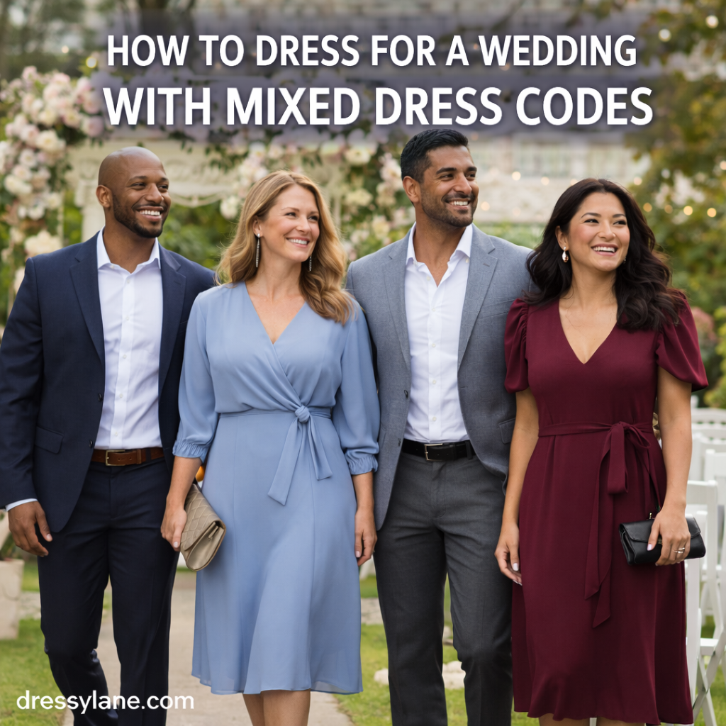 Men and women dressed in balanced formal and semi-formal outfits at a wedding, showing how to navigate mixed wedding dress codes with style.