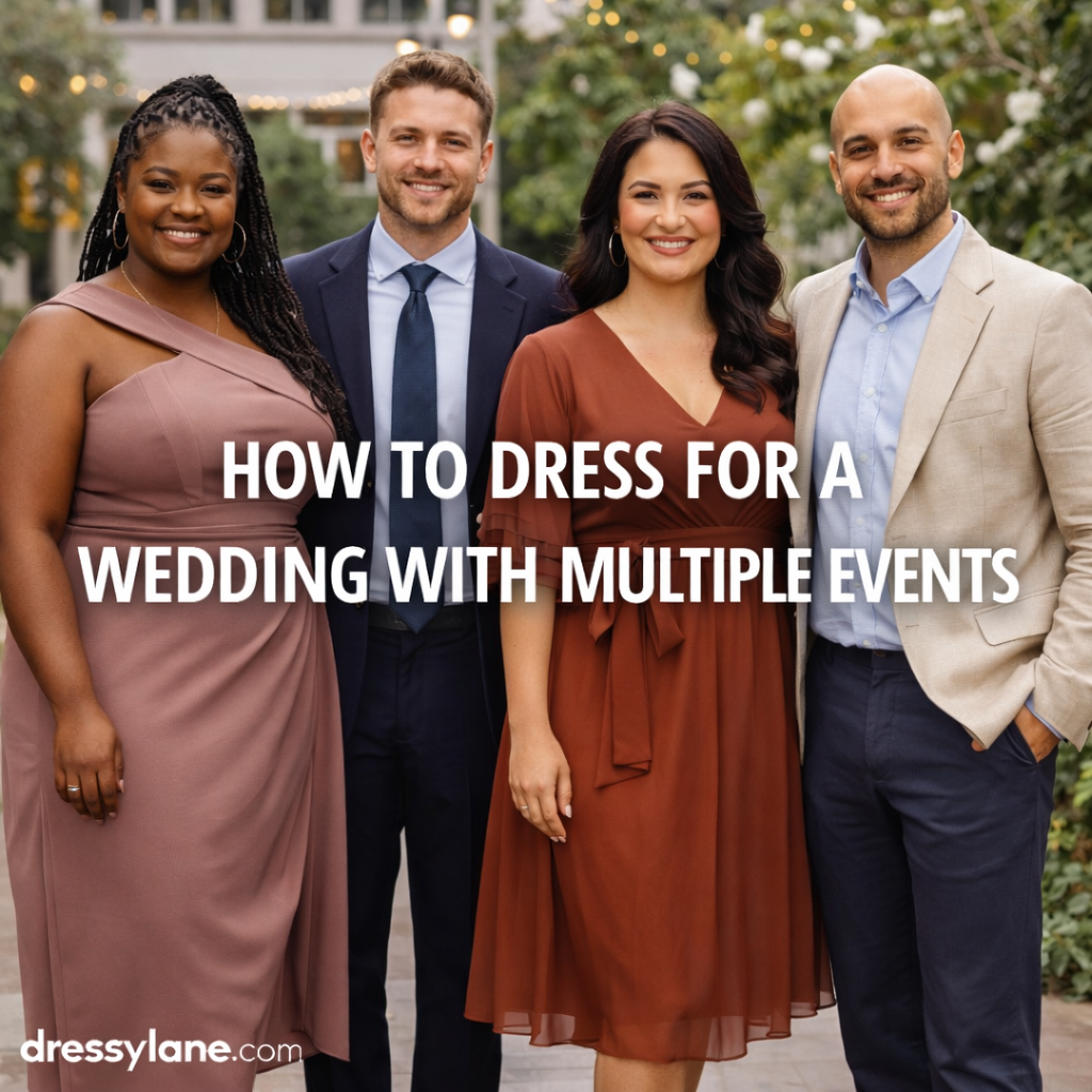 Men and women dressed in coordinated outfits for different wedding events, including rehearsal dinners and receptions, showing how to dress for a wedding with multiple events.