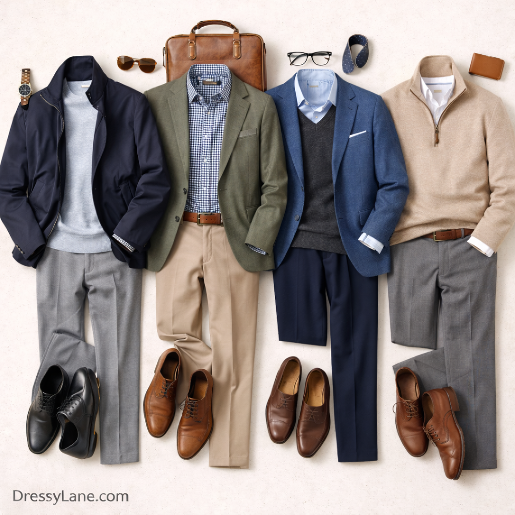 Flat lay of men’s layered outfits for air-conditioned spaces, featuring blazers, lightweight jackets, sweaters, dress shirts, trousers, and leather accessories.