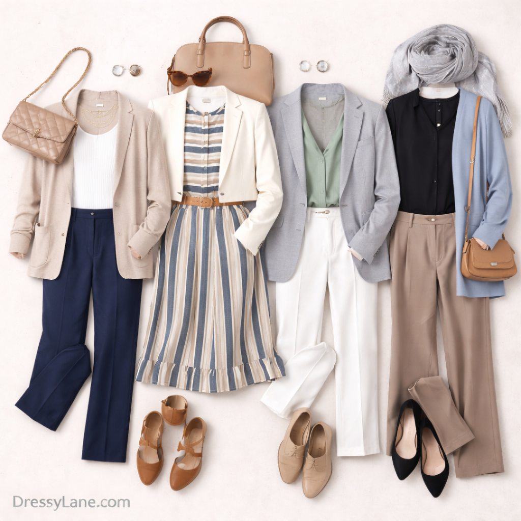 Flat lay of women’s layered outfits for air-conditioned spaces, featuring blazers, cardigans, dresses, tailored pants, and versatile accessories.