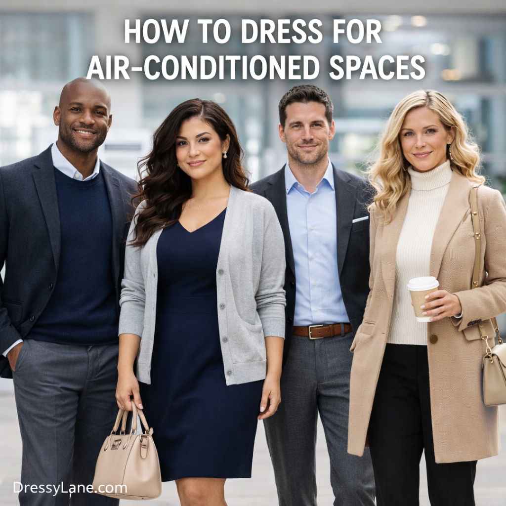 A diverse group of professionals wearing layered outfits suitable for air-conditioned indoor spaces, showcasing smart layering and polished style.