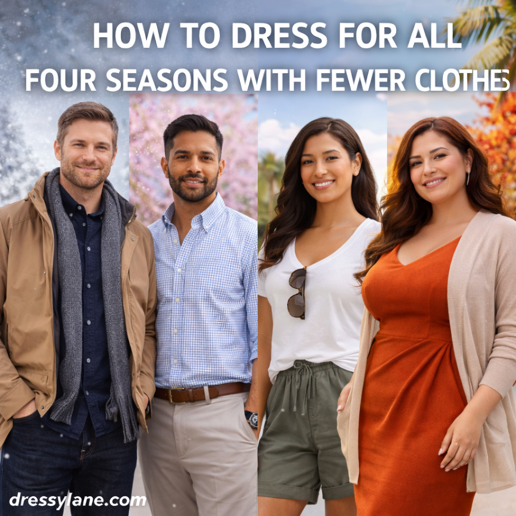 A diverse group of men and women wearing versatile outfits suitable for winter, spring, summer, and fall, illustrating how to dress for all four seasons with fewer clothes.