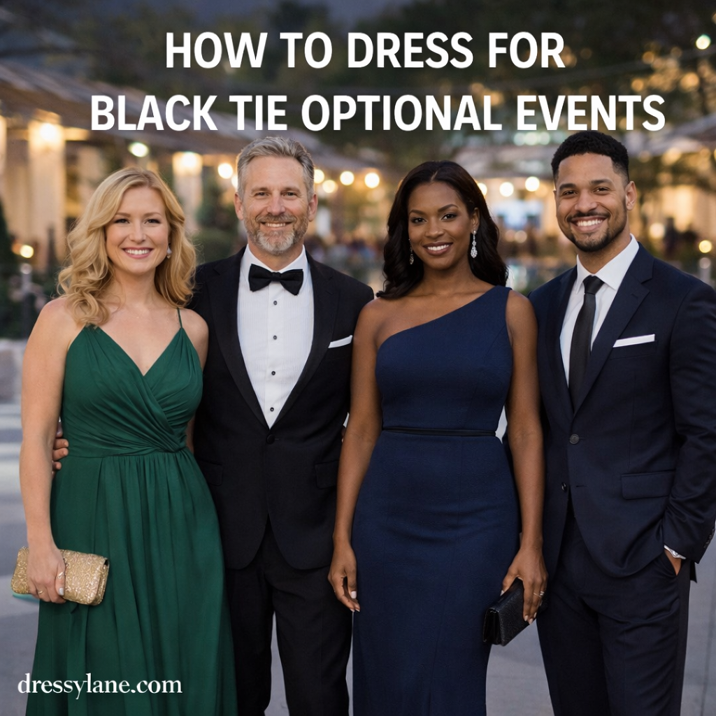A diverse group of men and women dressed in elegant black tie optional attire at an evening formal event.