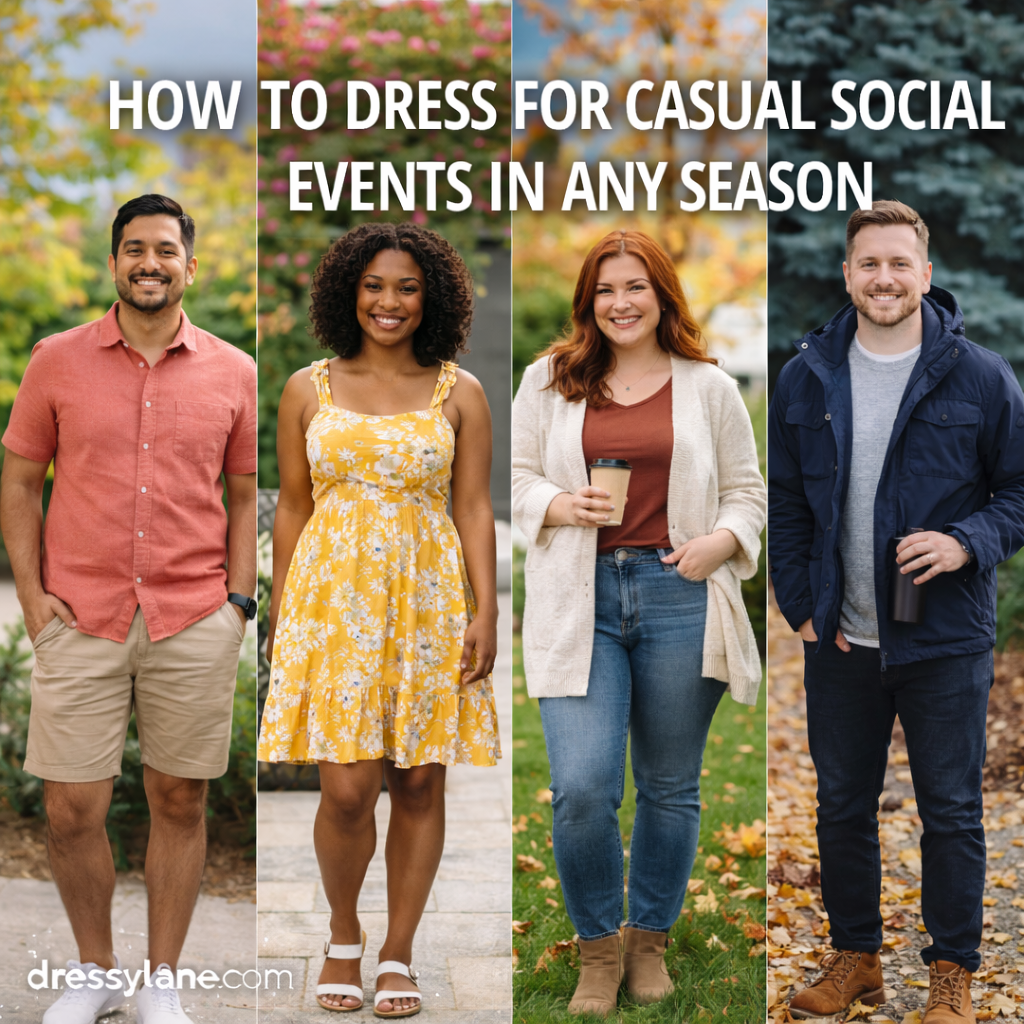 Diverse group of men and women wearing casual outfits styled for different seasons, shown outdoors to represent year-round social event dressing.