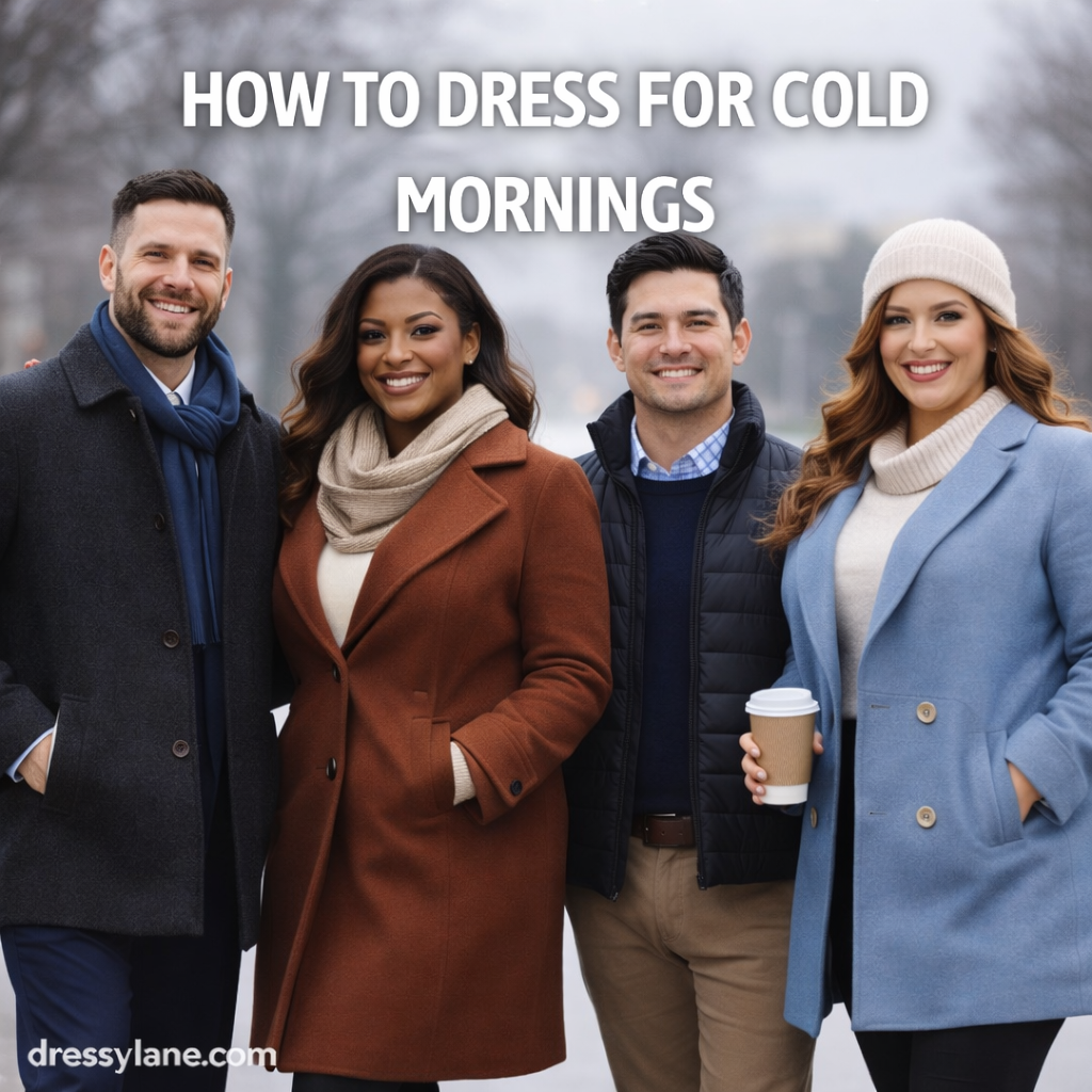 Diverse group of men and women wearing layered outfits for cold mornings, showcasing stylish and practical cold-weather dressing.