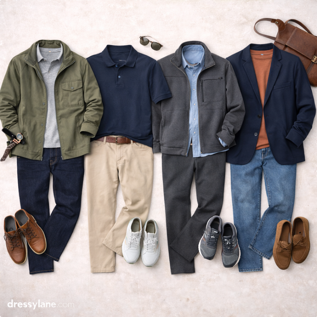 Flat lay of men’s comfortable yet stylish outfits featuring relaxed tops, full-length pants, layered pieces, casual shoes, and everyday accessories.