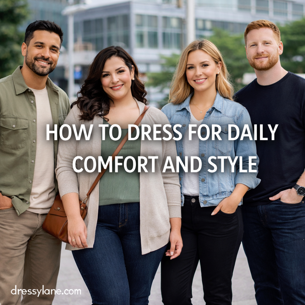 Group of men and women wearing comfortable everyday outfits that balance casual style, ease of movement, and modern fashion.