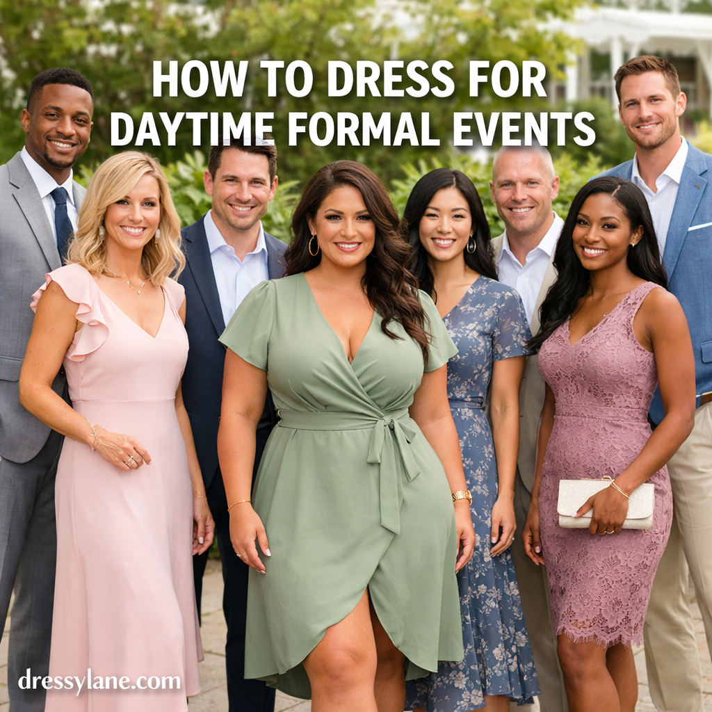 A diverse group of men and women wearing elegant daytime formal outfits at a daytime event, showcasing appropriate attire for daytime formal occasions.