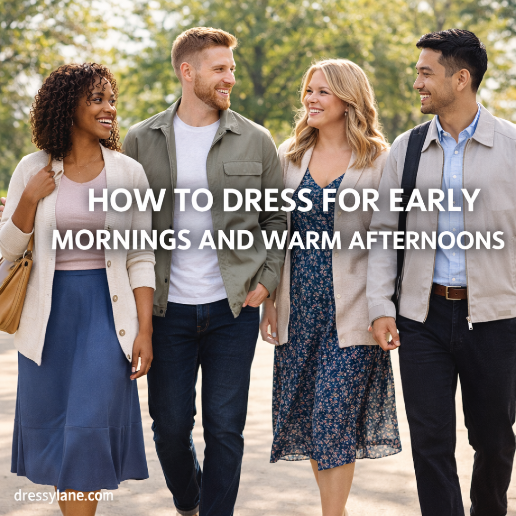 Diverse group of men and women wearing layered outfits suitable for early mornings and warm afternoons.