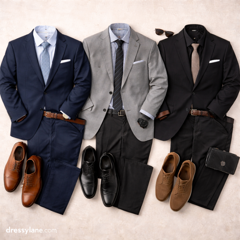 Flat lay of men’s formal outfits featuring tailored suits, dress shirts, ties, belts, and dress shoes styled for comfort and elegance.
