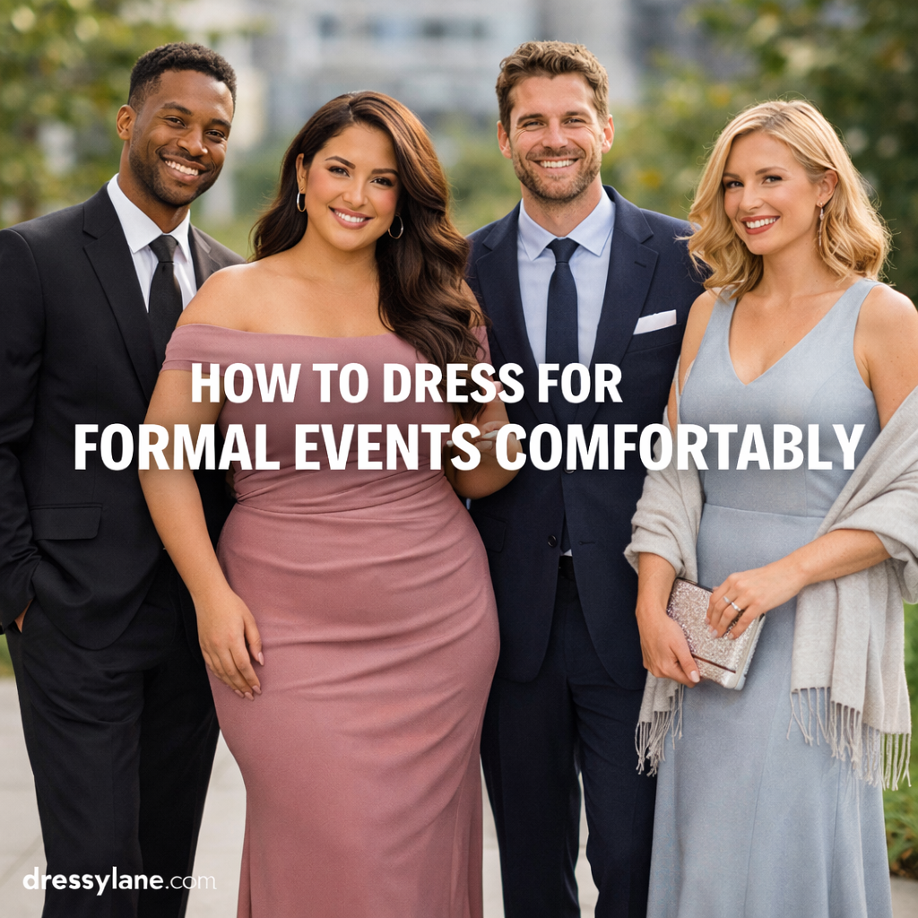 Diverse group of men and women wearing elegant formal outfits that balance style and comfort at a formal event.