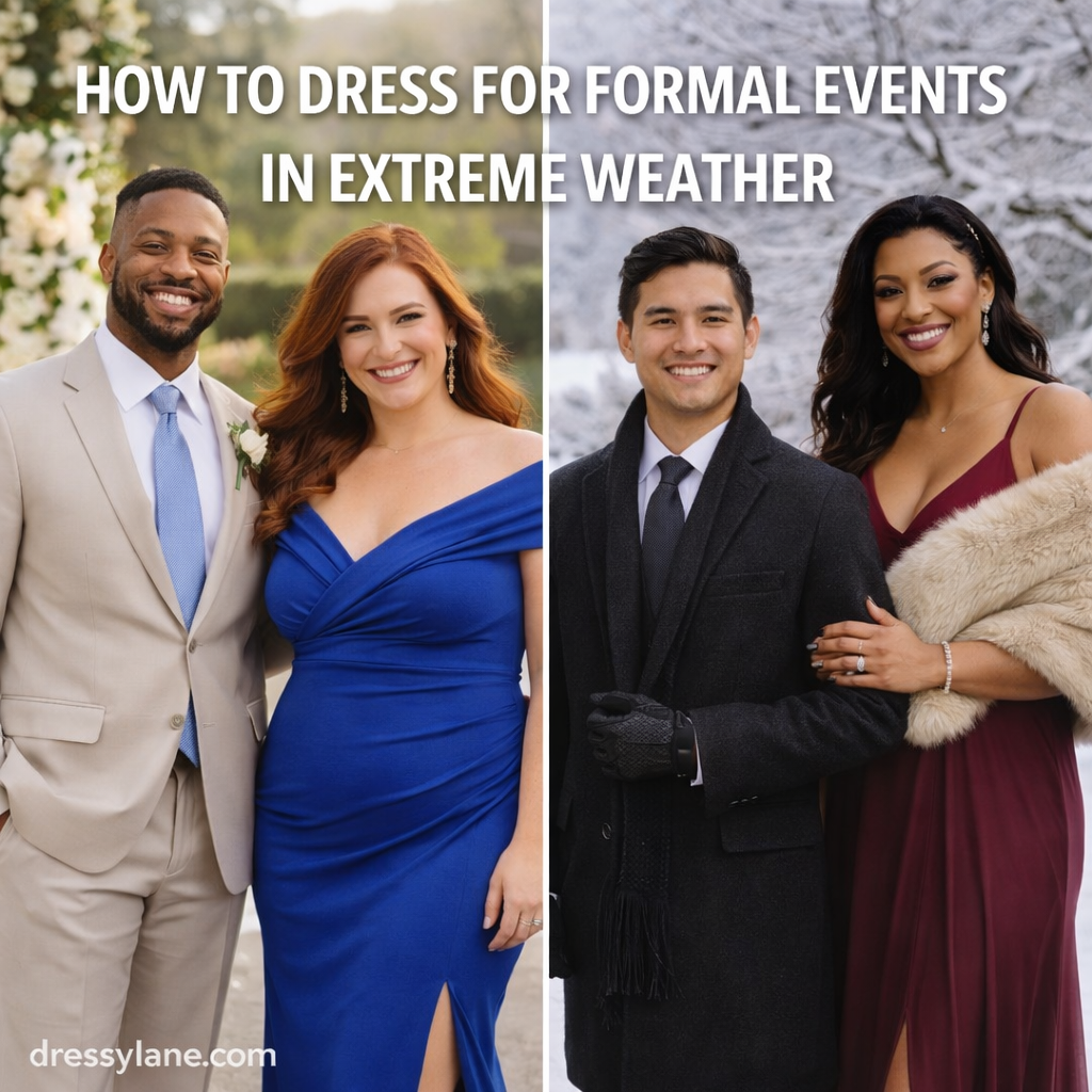 Diverse men and women dressed in formal outfits for hot and cold weather conditions, showing elegant event attire adapted for extreme climates.