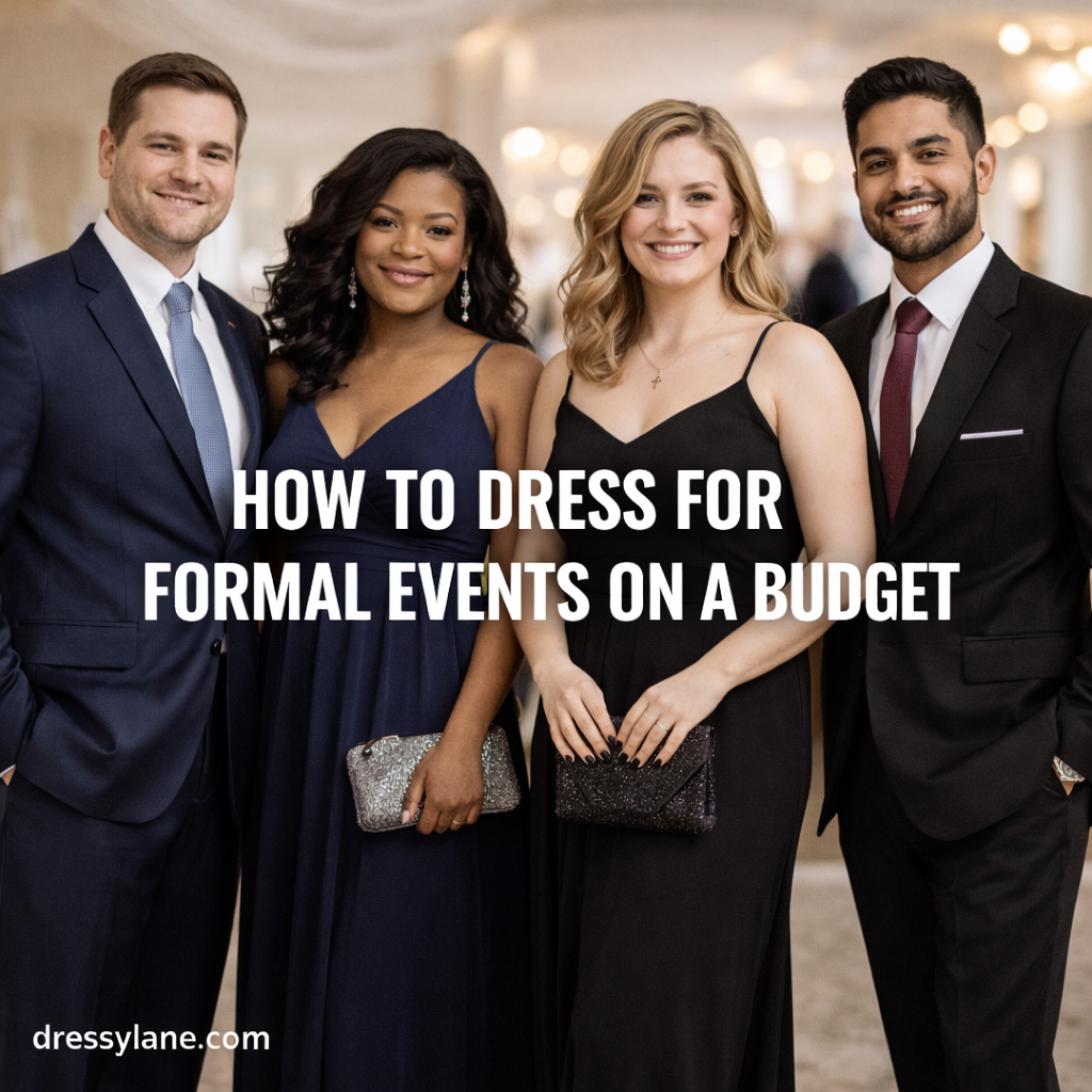 Men and women in affordable formal attire attending a wedding or formal event on a budget.