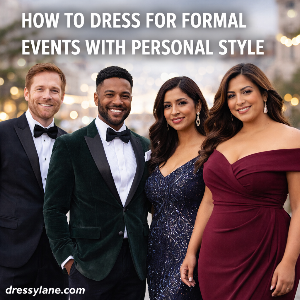 A diverse group of men and women wearing elegant formal outfits that express personal style at a formal event.