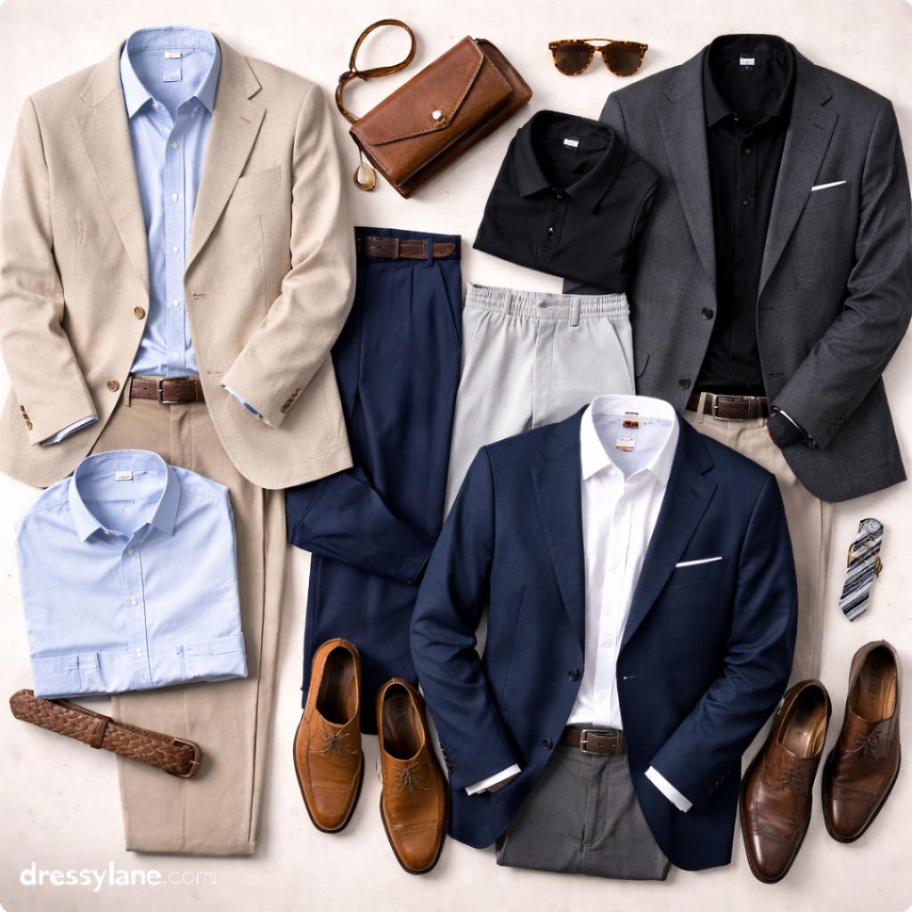 Flat lay of men’s formal outfits featuring tailored blazers, dress shirts, trousers, leather shoes, and accessories styled for suit-free formal events.
