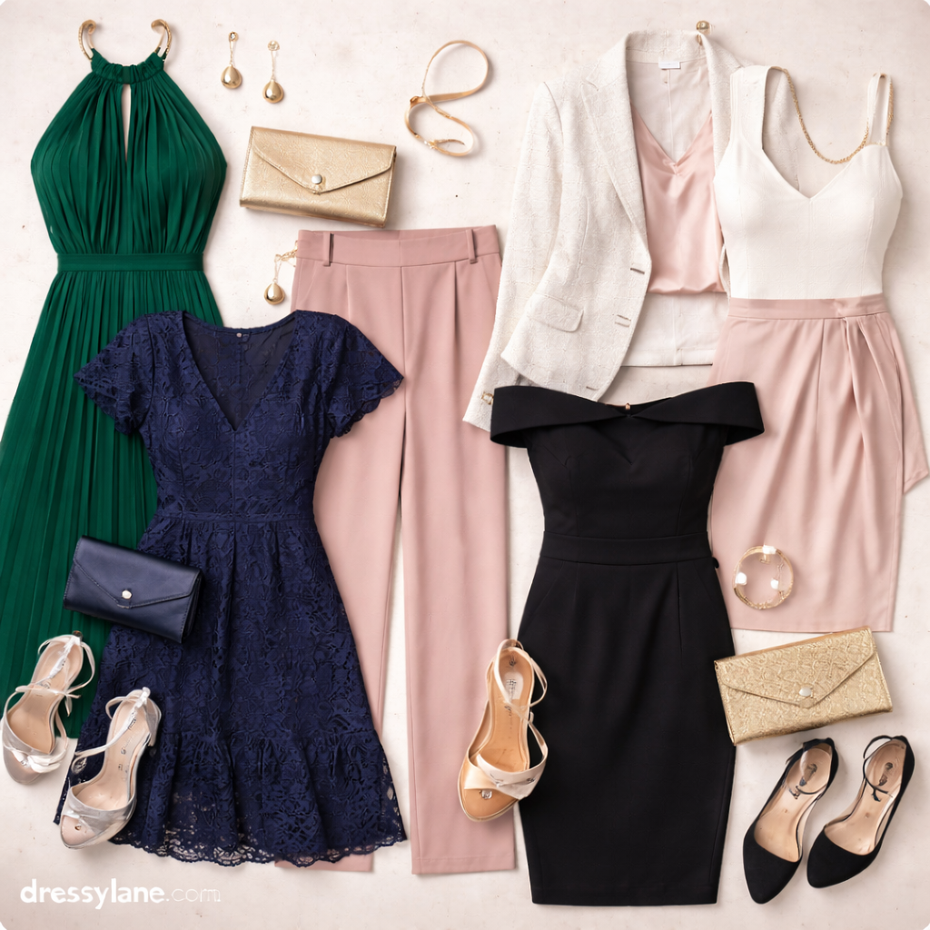 Flat lay of women’s formal outfits featuring elegant dresses, tailored trousers, refined tops, and accessories styled for formal events without a suit.