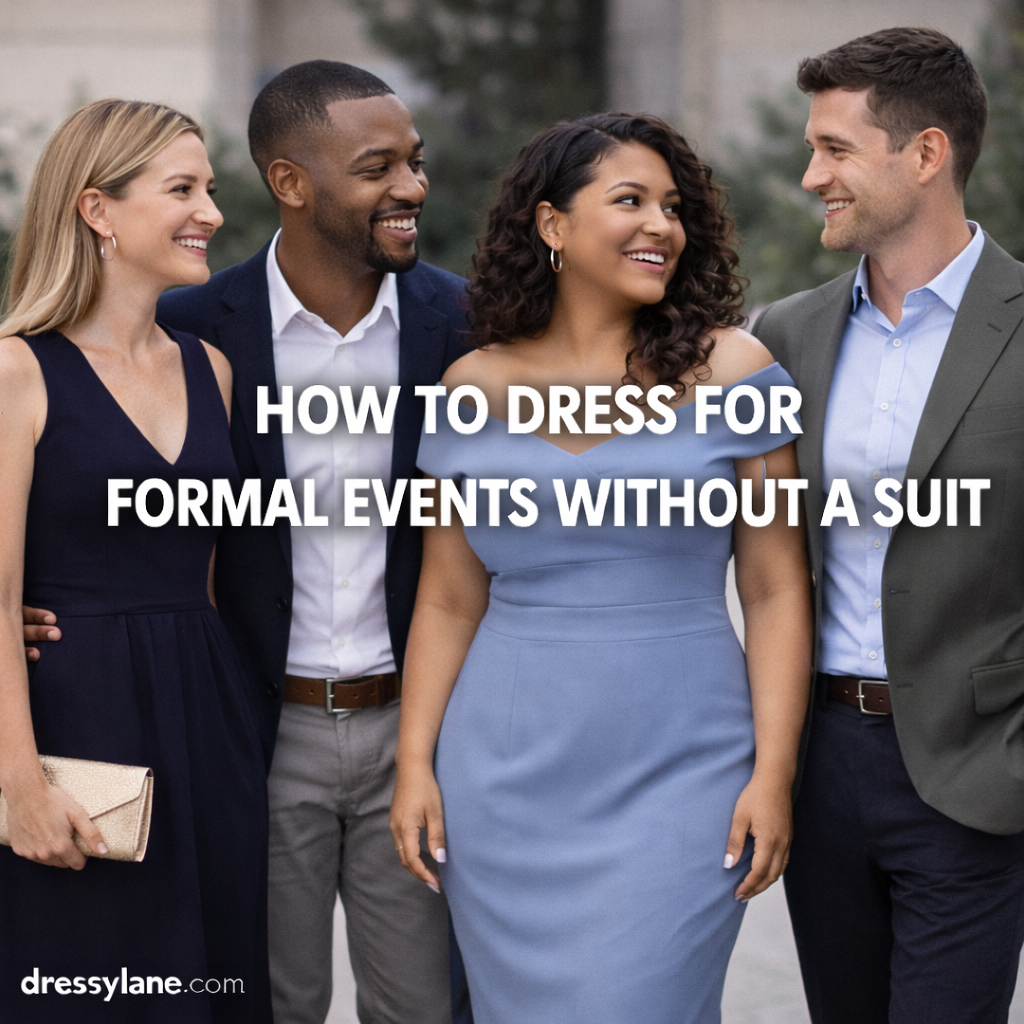 Diverse group of men and women wearing elegant formal outfits without suits, showcasing polished alternatives for formal events.