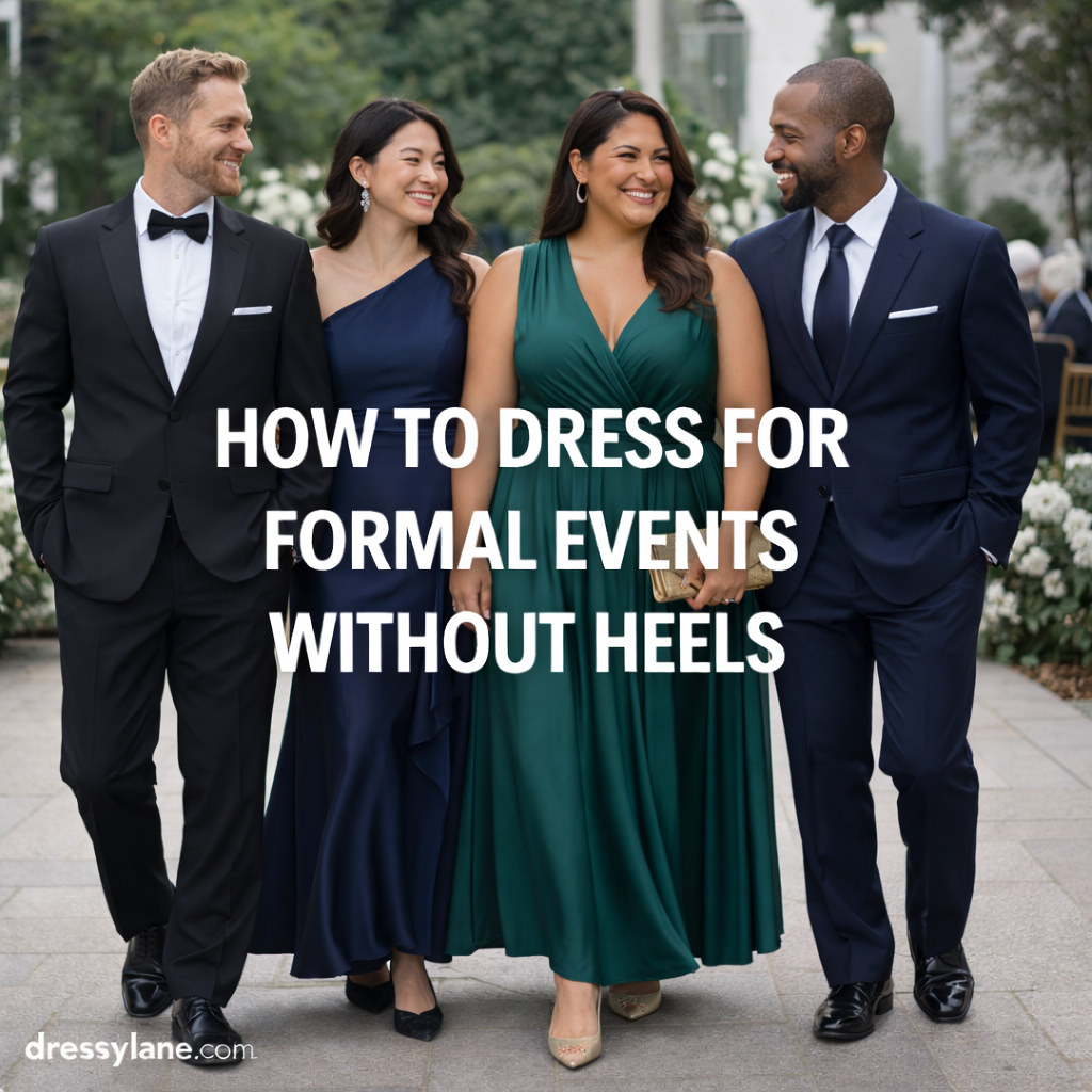 Diverse group of men and women dressed in elegant formal outfits with visible flat and low-profile shoes, showing how to style formal events without heels.