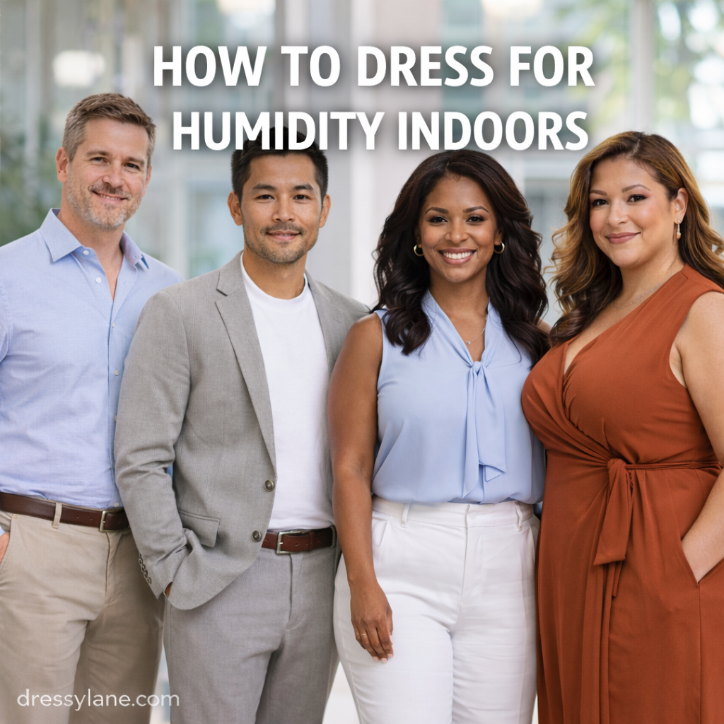 Diverse group of men and women wearing lightweight, breathable outfits indoors, illustrating polished style for humid indoor environments.