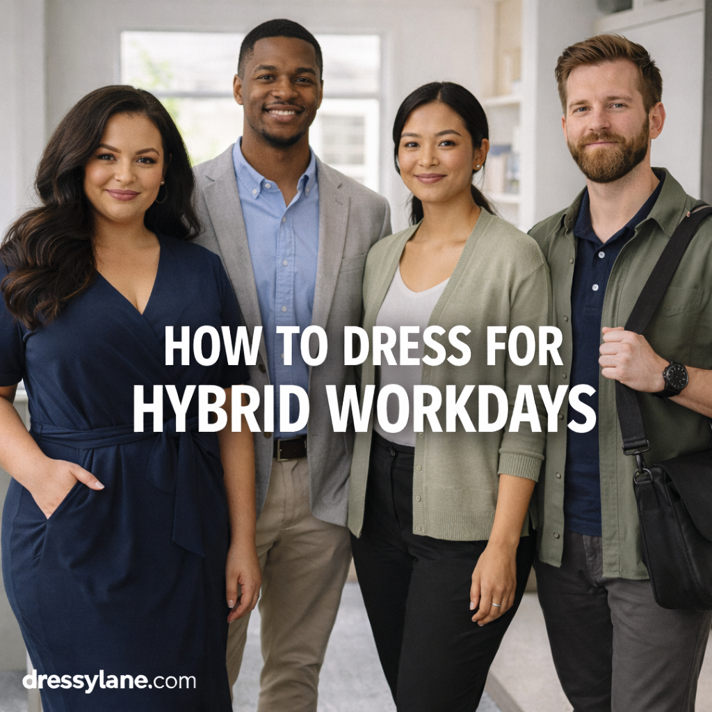 A diverse group of men and women wearing polished, versatile outfits suitable for hybrid workdays in a modern office setting.