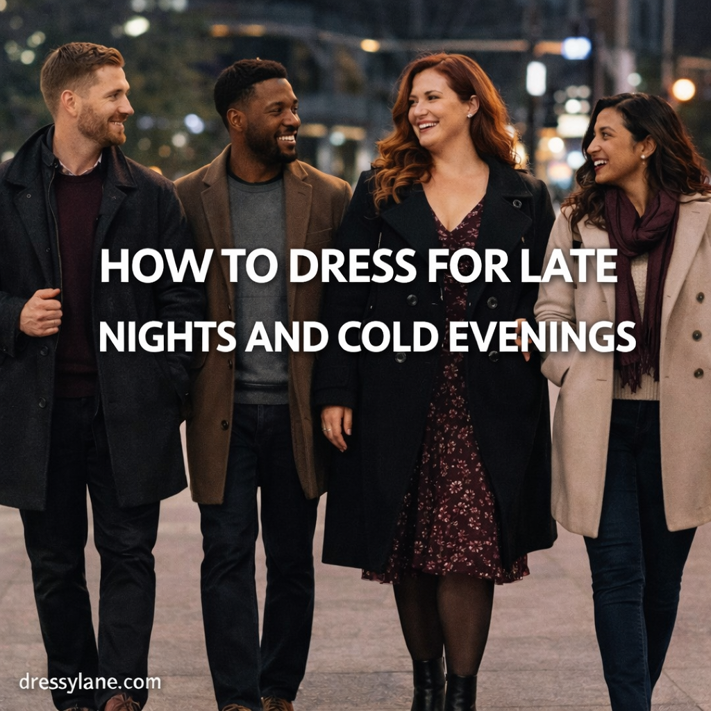 Diverse group of men and women walking together at night wearing warm, stylish outfits suitable for late nights and cold evenings.