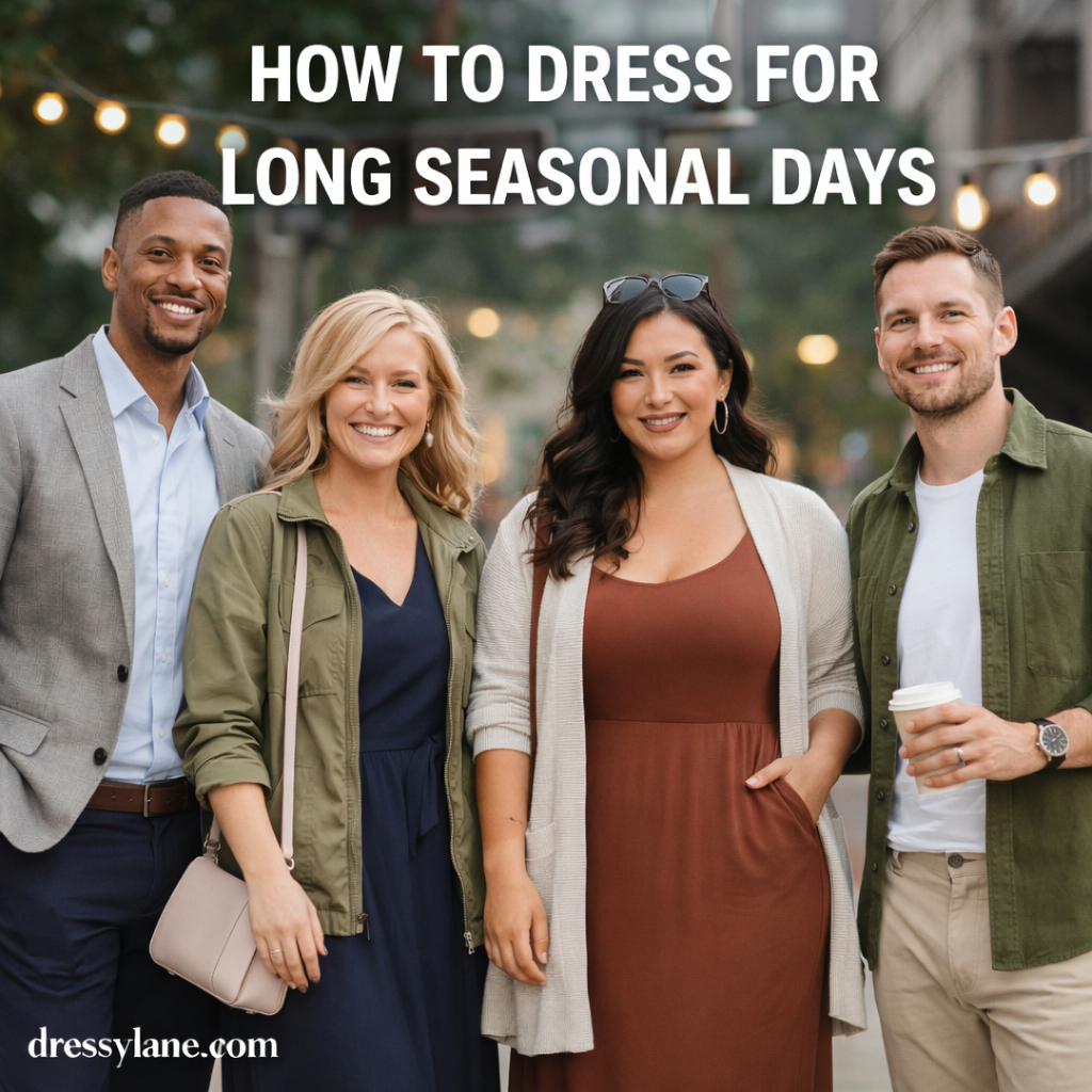 A diverse group of men and women dressed in layered outfits for long seasonal days, showcasing comfortable and stylish looks for changing temperatures.
