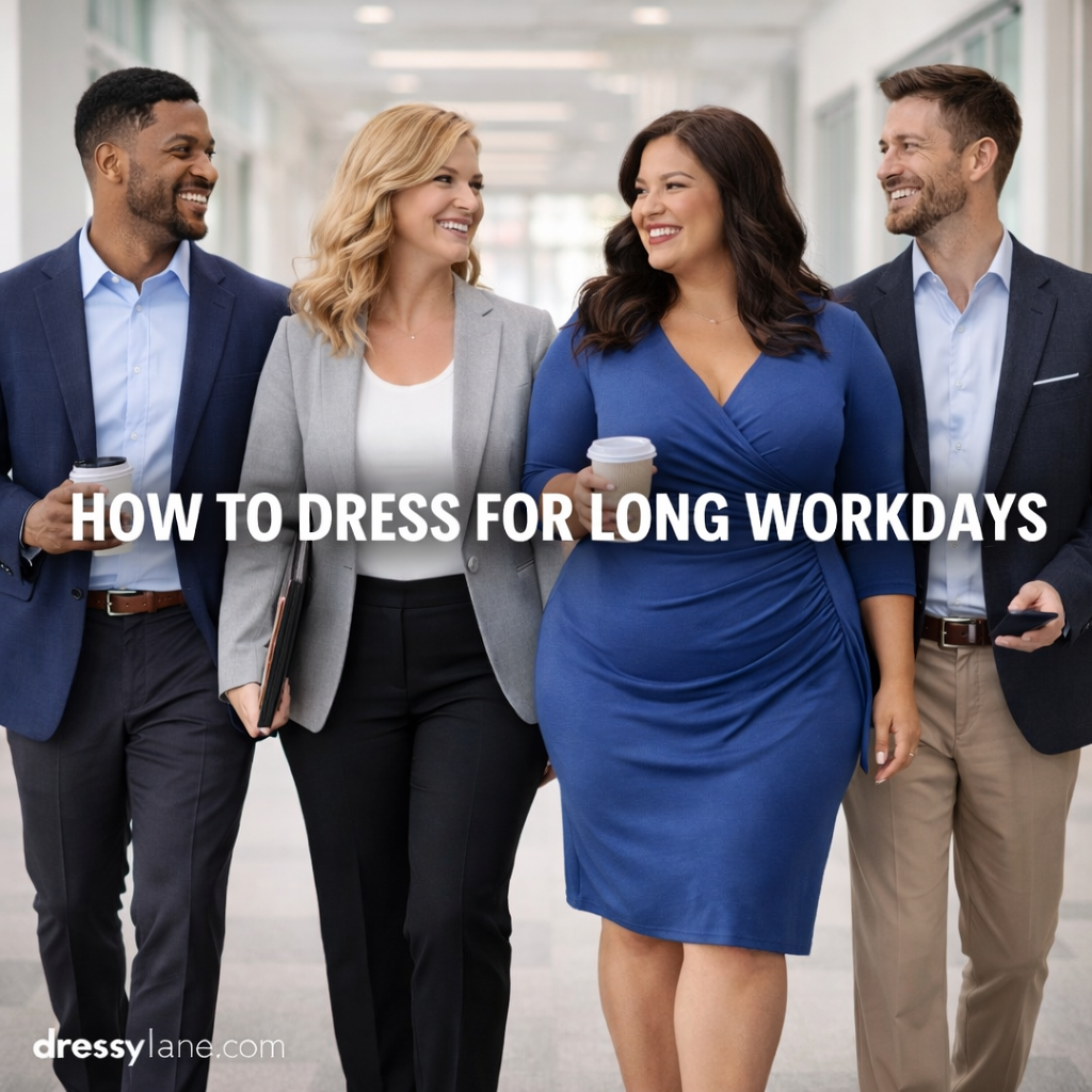 Group of men and women dressed in professional, comfortable work outfits walking through an office hallway, illustrating how to dress for long workdays.