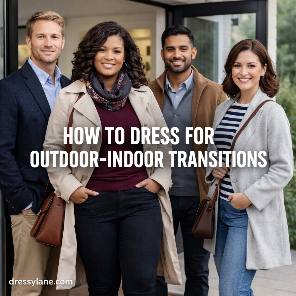 Professionally dressed men and women standing near an indoor-outdoor entrance demonstrating layered outfits for outdoor-indoor transitions.
