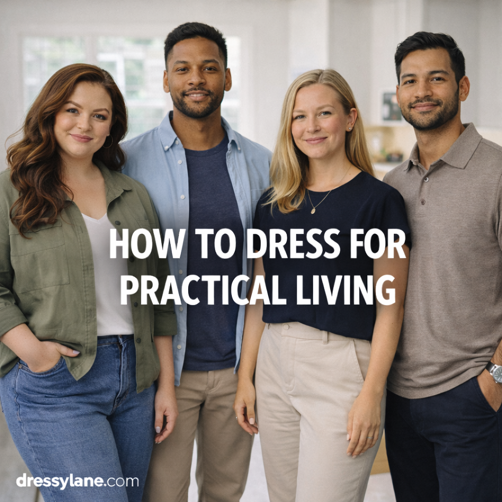 A diverse group of men and women wearing comfortable, practical outfits suited for everyday living in a bright, modern home setting.