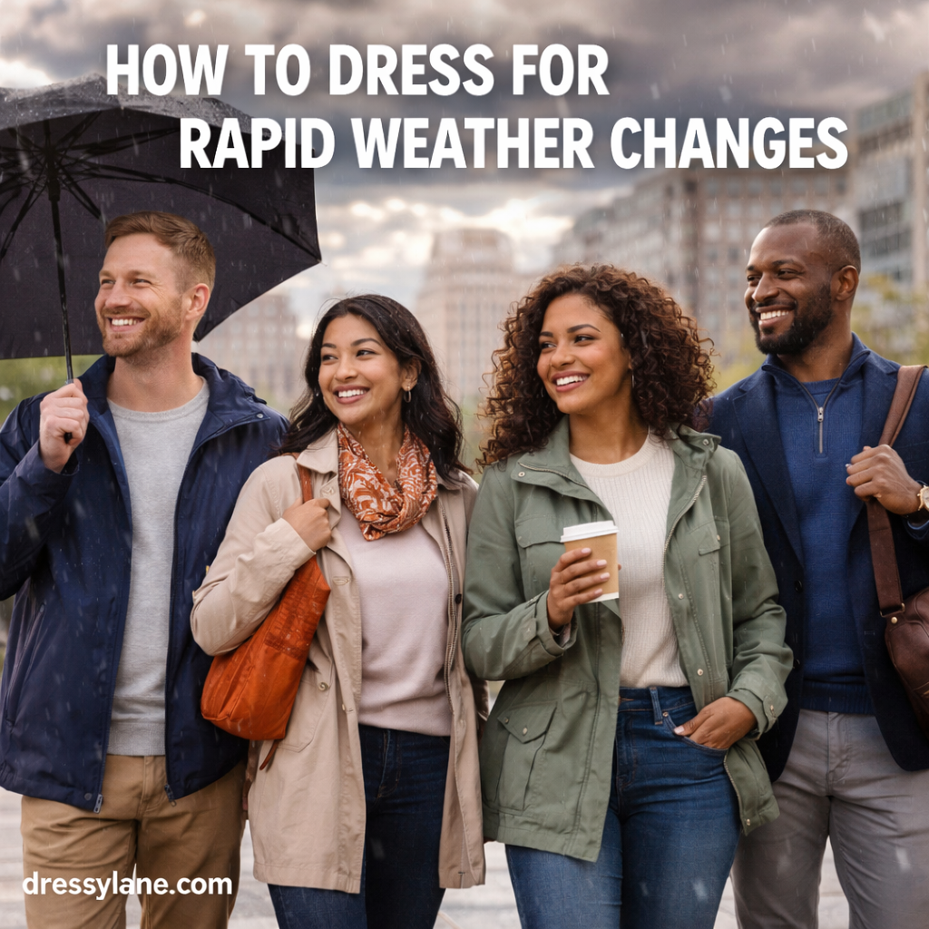 A diverse group of men and women dressed in layered outfits walking outdoors in changing weather conditions.