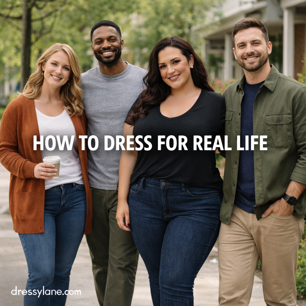 Group of men and women wearing comfortable everyday outfits that balance casual style, practicality, and real-life wearability.