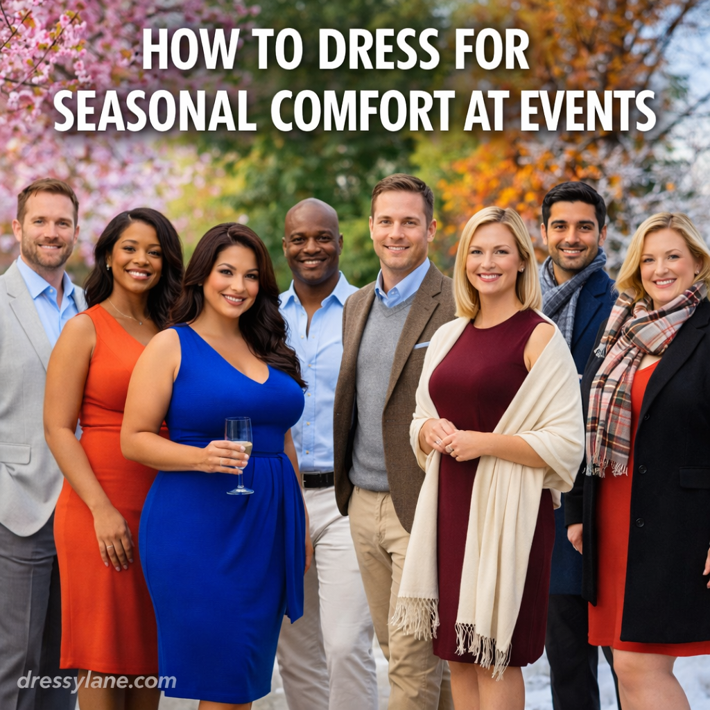 A diverse group of men and women dressed in seasonal outfits for spring, summer, fall, and winter events, standing outdoors in different seasonal settings.