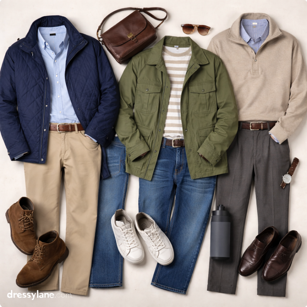 Flat lay of men’s seasonally layered work outfits featuring jackets, shirts, trousers, belts, shoes, and accessories styled for comfort at work.
