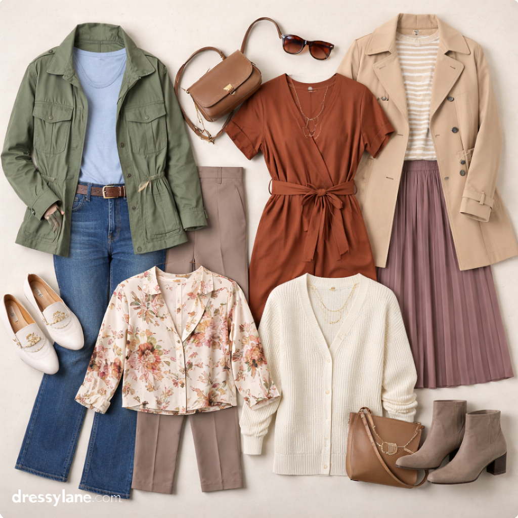 Flat lay of women’s seasonally layered work outfits featuring jackets, dresses, skirts, knitwear, loafers, and accessories arranged for office comfort.