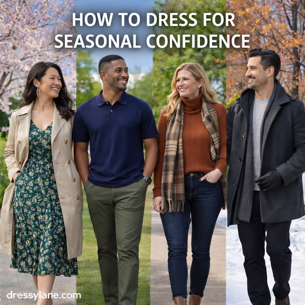 Men and women wearing season-appropriate outfits that reflect confident, comfortable style across different weather conditions.