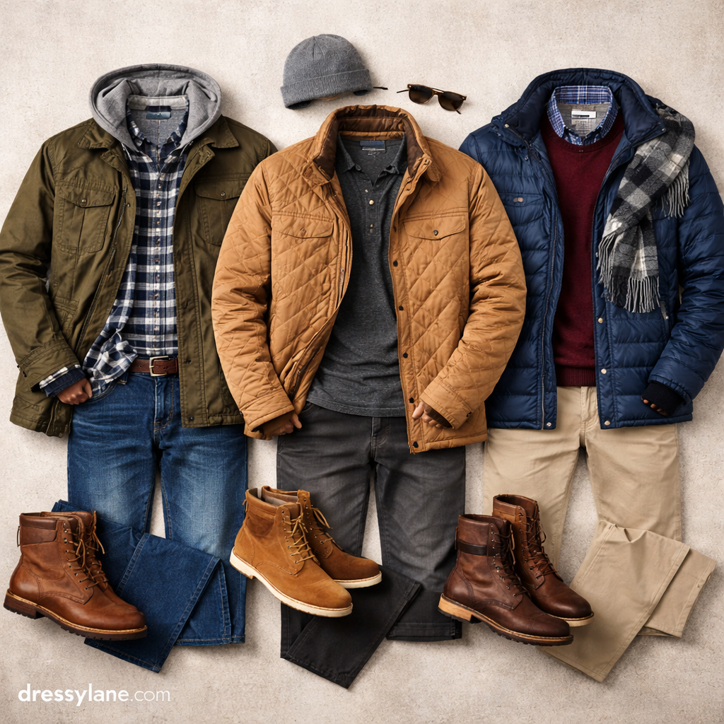 Flat lay of men’s layered clothing outfits featuring jackets, sweaters, shirts, scarves, boots, and accessories styled for seasonal layering.