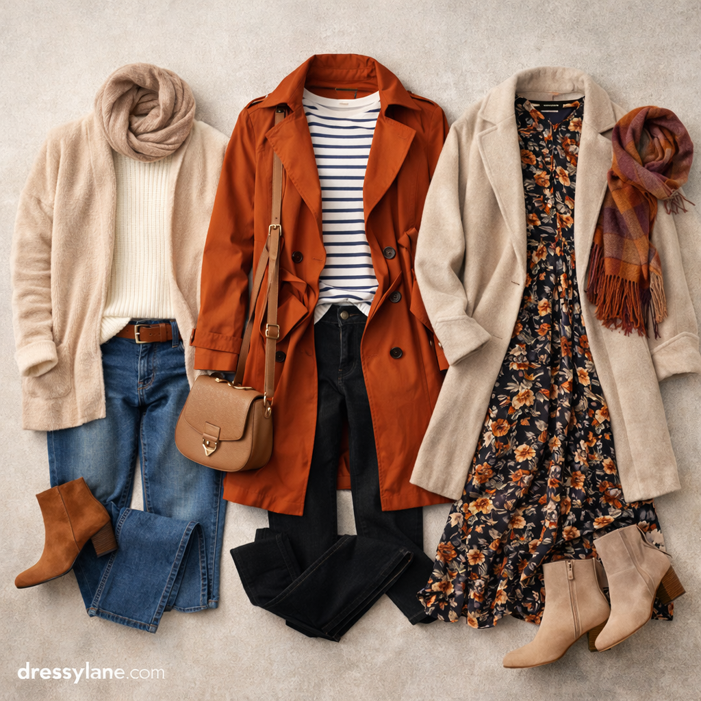 Flat lay of women’s layered clothing outfits featuring coats, sweaters, scarves, jeans, dresses, and boots arranged for seasonal layering inspiration.