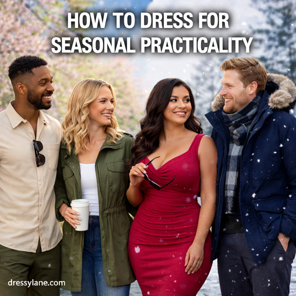 A diverse group of men and women dressed in season-appropriate outfits, showcasing practical layering and weather-ready clothing for different seasons.