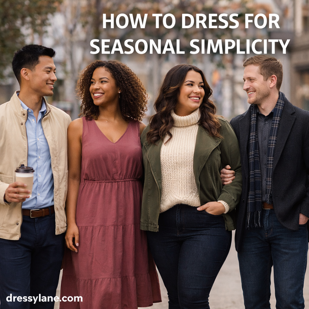 Men and women wearing simple, season-appropriate outfits that showcase effortless style and comfort across changing weather.