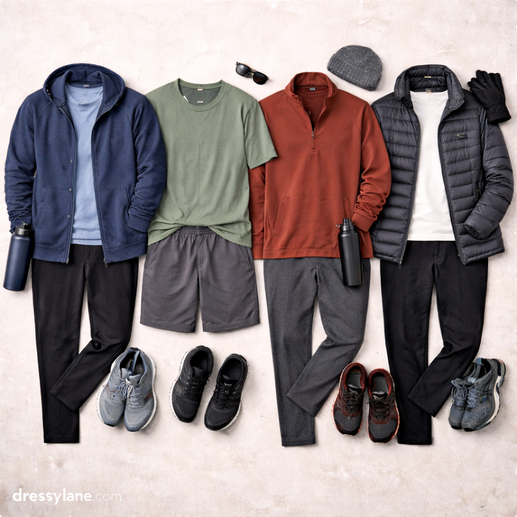 Flat lay of men’s seasonal walking outfits featuring breathable tops, layered jackets, pants, walking shoes, and accessories arranged for comfort in changing weather.