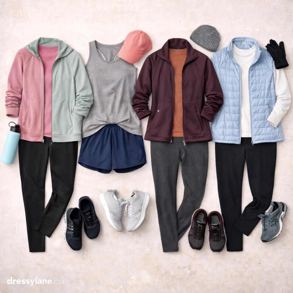 Flat lay of women’s seasonal walking outfits featuring breathable layers, activewear, jackets, pants, and walking shoes arranged for comfort in changing weather.