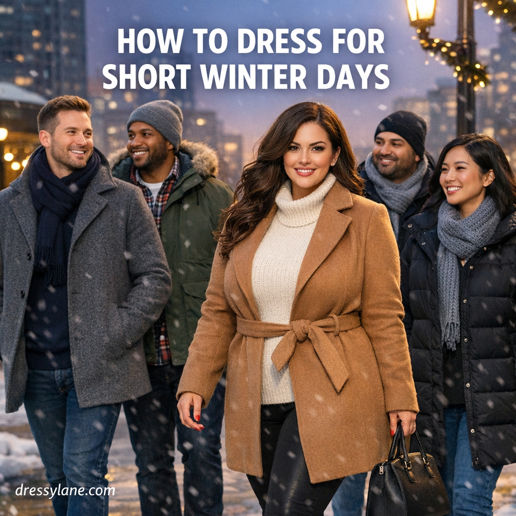 A diverse group of men and women wearing stylish layered winter outfits on a city street during short winter days.