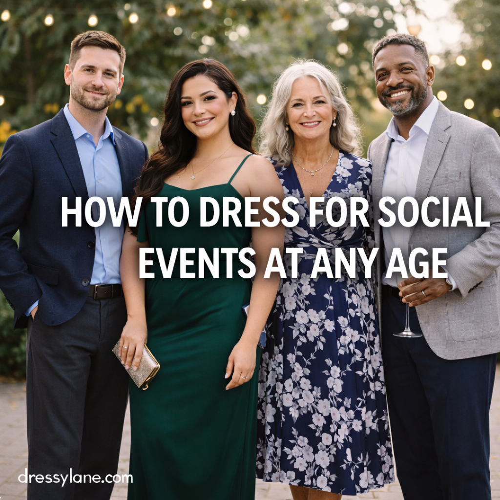 Group of men and women of different ages wearing stylish social event outfits that feel confident, polished, and age-appropriate.
