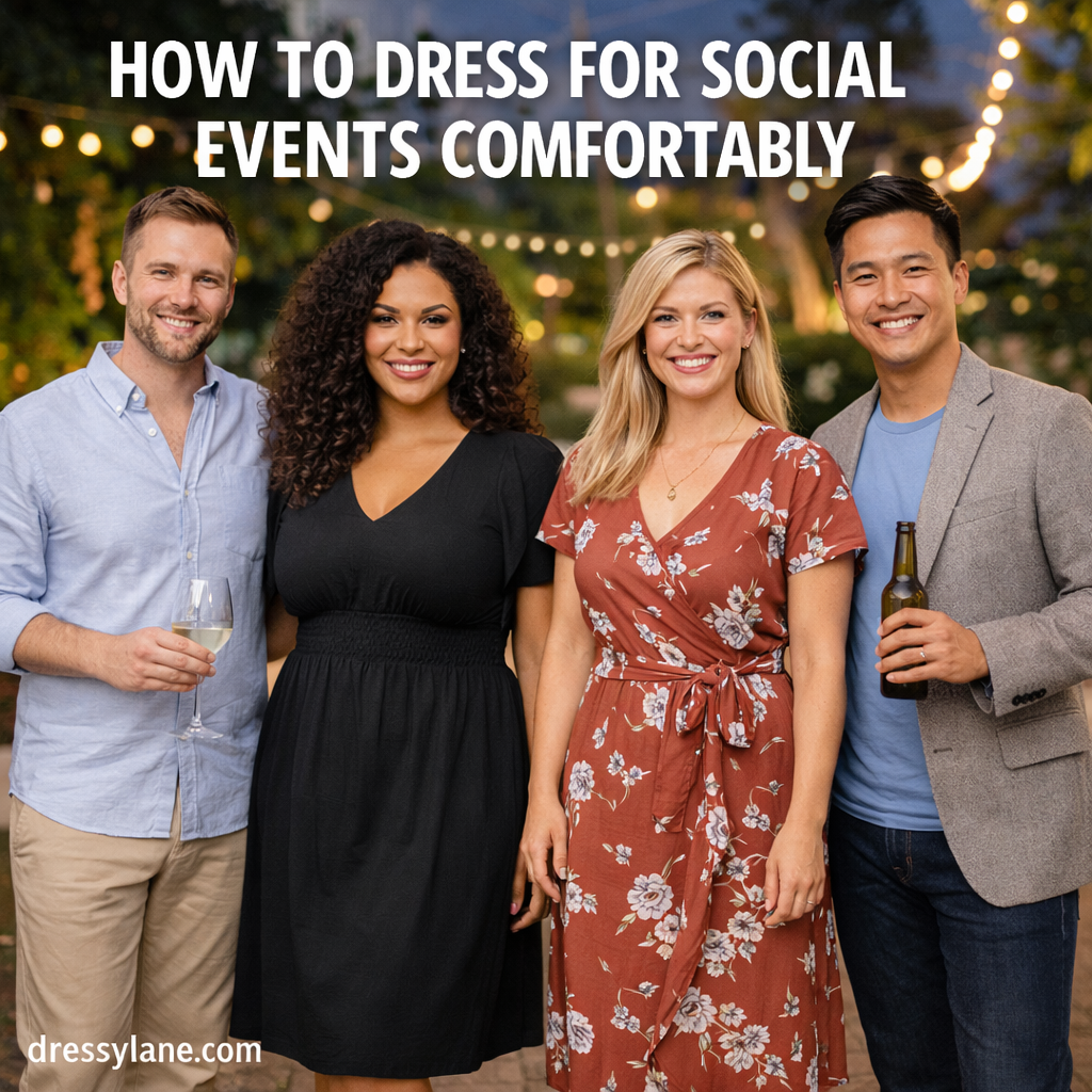 A diverse group of men and women dressed in stylish yet comfortable outfits at a relaxed social gathering, representing approachable and confident event attire.