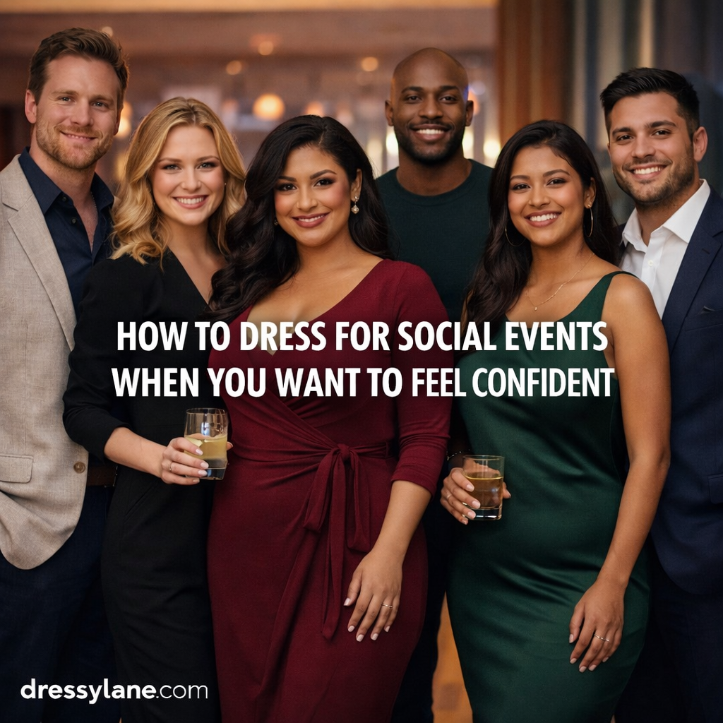 Diverse group of well-dressed men and women at a social event, including a confident curvy woman, wearing stylish outfits in an elegant indoor setting.
